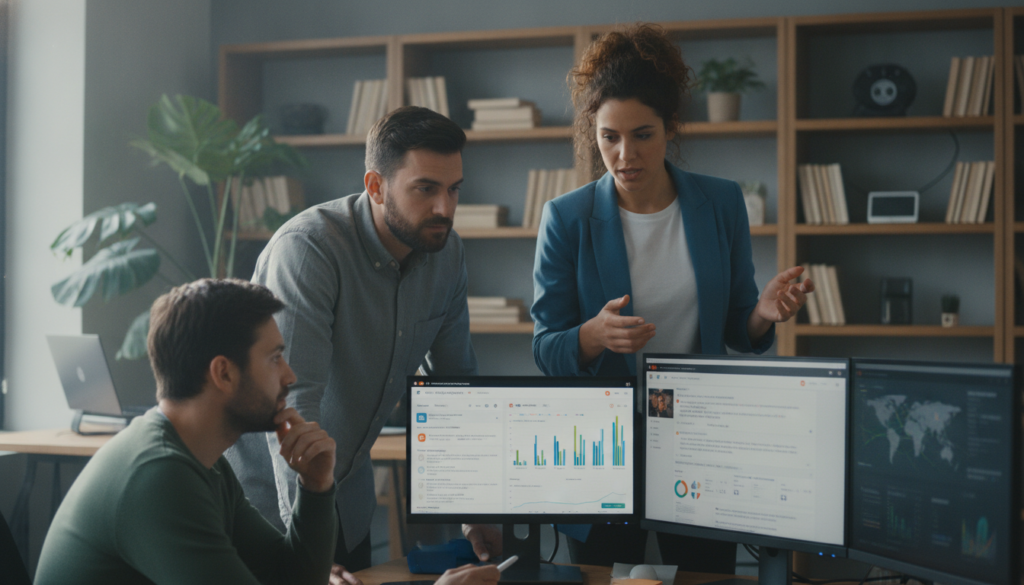 A digital workspace scene featuring a diverse group of three professionals—two men and one woman—in smart casual attire, discussing in front of multiple computer screens displaying colorful graphs and data related to IPTV. The foreground captures the focused expressions on their faces as they engage with each other, with one pointing at a screen. The middle layer includes the screens showing vibrant Reddit discussion threads and IPTV statistics, illuminated by a soft glow. In the background, a modern office filled with bookshelves, plants, and minimalistic décor creates an atmosphere of innovation and collaboration. Soft, natural lighting filters through large windows, casting a productive ambiance. The mood is dynamic yet professional, emphasizing collaborative research into user discussions and insights. A digital workspace scene featuring a diverse group of three professionals—two men and one woman—in smart casual attire, discussing in front of multiple computer screens displaying colorful graphs and data related to IPTV. The foreground captures the focused expressions on their faces as they engage with each other, with one pointing at a screen. The middle layer includes the screens showing vibrant Reddit discussion threads and IPTV statistics, illuminated by a soft glow. In the background, a modern office filled with bookshelves, plants, and minimalistic décor creates an atmosphere of innovation and collaboration. Soft, natural lighting filters through large windows, casting a productive ambiance. The mood is dynamic yet professional, emphasizing collaborative research into user discussions and insights.