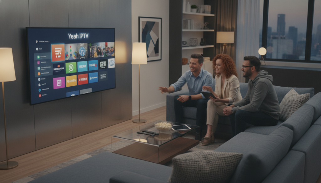 A high-tech home entertainment setup showcasing the "Yeah IPTV" features. In the foreground, a sleek, modern living room with a large flat-screen TV displaying a vibrant IPTV interface filled with various channel logos. Add a comfortable couch, stylish decor elements, and a coffee table with remote controls. In the middle ground, depict a diverse group of three people—two men and one woman—dressed in casual yet professional attire, engaged in a lively discussion about the favorite shows. In the background, soft ambient lighting creates a warm and inviting atmosphere, highlighting details such as accent lamps and framed pictures. Use a slightly elevated angle to capture the entire scene, enhancing the sense of connection and user experience within the IPTV realm. A high-tech home entertainment setup showcasing the "Yeah IPTV" features. In the foreground, a sleek, modern living room with a large flat-screen TV displaying a vibrant IPTV interface filled with various channel logos. Add a comfortable couch, stylish decor elements, and a coffee table with remote controls. In the middle ground, depict a diverse group of three people—two men and one woman—dressed in casual yet professional attire, engaged in a lively discussion about the favorite shows. In the background, soft ambient lighting creates a warm and inviting atmosphere, highlighting details such as accent lamps and framed pictures. Use a slightly elevated angle to capture the entire scene, enhancing the sense of connection and user experience within the IPTV realm.