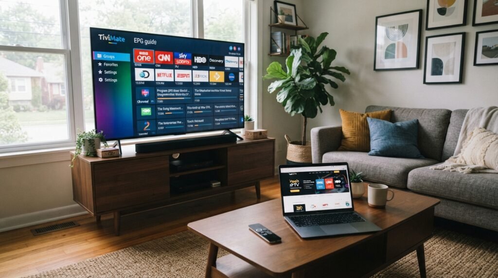 A modern living room scene featuring a smart TV displaying the TiviMate interface with vibrant colors and clear icons representing IPTV channels. In the foreground, a sleek coffee table holds a remote control and a laptop open with images of the Yeah IPTV service. In the middle, a comfortable couch is adorned with decorative pillows, while a stylish plant adds a touch of greenery to the space. The background showcases a well-lit room with soft natural light filtering through large windows, creating an inviting atmosphere. The mood is relaxed and tech-savvy, ideal for a cozy viewing experience. The angle is slightly elevated, capturing both the TV screen and the inviting decor of the room, emphasizing a seamless blend of technology and home comfort. A modern living room scene featuring a smart TV displaying the TiviMate interface with vibrant colors and clear icons representing IPTV channels. In the foreground, a sleek coffee table holds a remote control and a laptop open with images of the Yeah IPTV service. In the middle, a comfortable couch is adorned with decorative pillows, while a stylish plant adds a touch of greenery to the space. The background showcases a well-lit room with soft natural light filtering through large windows, creating an inviting atmosphere. The mood is relaxed and tech-savvy, ideal for a cozy viewing experience. The angle is slightly elevated, capturing both the TV screen and the inviting decor of the room, emphasizing a seamless blend of technology and home comfort.