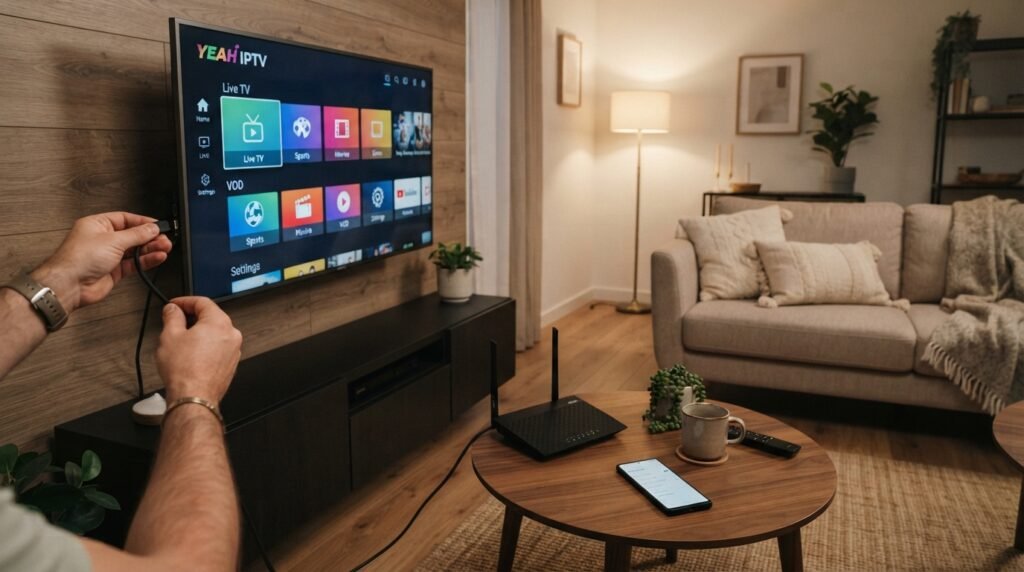 A modern living room setup featuring a sleek Smart TV displaying the Yeah IPTV interface on the screen. In the foreground, a pair of hands gently connecting an HDMI cable from a compatible device to the TV, showcasing the setup process. On a stylish coffee table, a wireless router and a smartphone are visible, indicating connectivity options. In the background, soft, warm lighting creates a cozy ambiance, reflecting a relaxed atmosphere ideal for entertainment. The room has minimalistic decor with a plush sofa and a few decorative items in soft, neutral colors. The angle is slightly from above to capture the entire scene, ensuring clarity and focus on the IPTV setup task at hand. A modern living room setup featuring a sleek Smart TV displaying the Yeah IPTV interface on the screen. In the foreground, a pair of hands gently connecting an HDMI cable from a compatible device to the TV, showcasing the setup process. On a stylish coffee table, a wireless router and a smartphone are visible, indicating connectivity options. In the background, soft, warm lighting creates a cozy ambiance, reflecting a relaxed atmosphere ideal for entertainment. The room has minimalistic decor with a plush sofa and a few decorative items in soft, neutral colors. The angle is slightly from above to capture the entire scene, ensuring clarity and focus on the IPTV setup task at hand.
