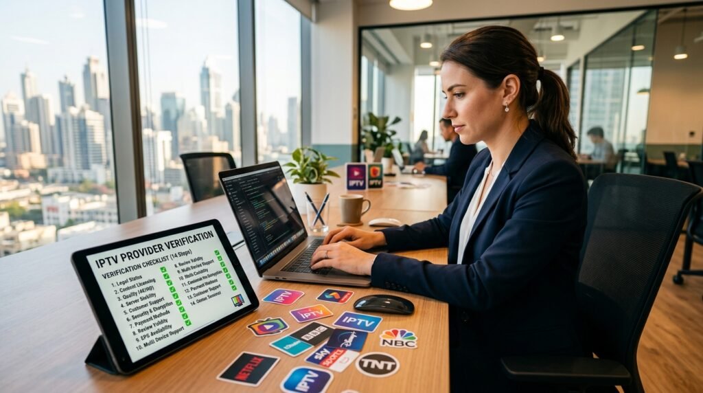 A modern office environment featuring a professional-looking individual in business attire, seated at a sleek desk with a laptop open, typing on the keyboard. In the foreground, a digital tablet displays an "IPTV provider verification" checklist with clear tick boxes and icons representing channels. The middle ground includes an array of colorful IPTV logos and channel icons spread out on the desk, emphasizing the service offerings. The background shows large windows with city skyline views, bathed in natural light creating a vibrant atmosphere. The overall mood is focused and informative, highlighting the importance of verification before selecting an IPTV service. Use a warm color palette with soft, diffused lighting to enhance approachability. A modern office environment featuring a professional-looking individual in business attire, seated at a sleek desk with a laptop open, typing on the keyboard. In the foreground, a digital tablet displays an "IPTV provider verification" checklist with clear tick boxes and icons representing channels. The middle ground includes an array of colorful IPTV logos and channel icons spread out on the desk, emphasizing the service offerings. The background shows large windows with city skyline views, bathed in natural light creating a vibrant atmosphere. The overall mood is focused and informative, highlighting the importance of verification before selecting an yeahiptv service. Use a warm color palette with soft, diffused lighting to enhance approachability.