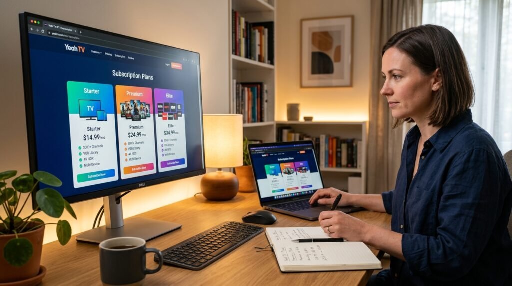 A modern, sleek desktop setup showcasing a digital display of IPTV plans from Yeah TV. In the foreground, a high-resolution computer screen highlights various subscription options with vibrant icons representing different channels and pricing tiers. The middle ground features an open laptop with a professional individual in smart casual attire, analyzing the plans, with a notepad and pen beside them for notes. In the background, a well-organized and stylish home office setup with subtle lighting creates an inviting and focused atmosphere. Soft, ambient light illuminates the scene, casting a warm glow on the furniture and decor. The overall mood is informative yet relaxed, emphasizing a professional approach to exploring IPTV services. A modern, sleek desktop setup showcasing a digital display of IPTV plans from Yeah TV. In the foreground, a high-resolution computer screen highlights various subscription options with vibrant icons representing different channels and pricing tiers. The middle ground features an open laptop with a professional individual in smart casual attire, analyzing the plans, with a notepad and pen beside them for notes. In the background, a well-organized and stylish home office setup with subtle lighting creates an inviting and focused atmosphere. Soft, ambient light illuminates the scene, casting a warm glow on the furniture and decor. The overall mood is informative yet relaxed, emphasizing a professional approach to exploring IPTV services.