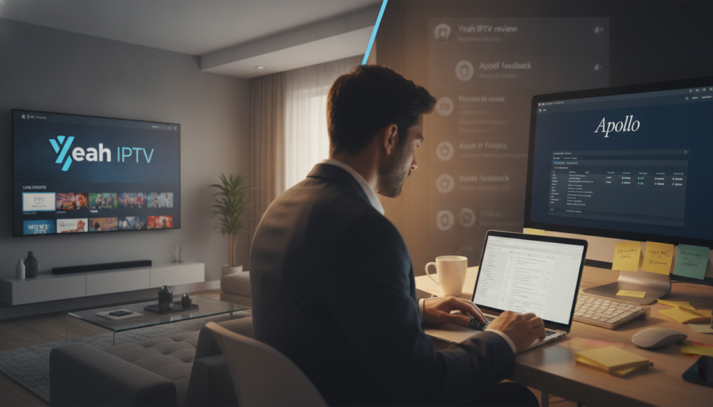 A split-screen image illustrating the comparison between "Yeah IPTV" and "Apollo." On the left side, a sleek, modern living room setting featuring a smart TV displaying a vibrant streaming interface with the Yeah IPTV logo. On the right, a cozy workspace with a computer showing the Apollo platform, surrounded by colorful sticky notes and a coffee mug. The foreground includes a professional person in business attire, thoughtfully analyzing content on a laptop. The middle ground captures a subtle blend of technology and comfort, with warm lighting creating an inviting atmosphere. In the background, the essence of Reddit is hinted at with blurred visuals of discussion threads and user recommendations. Capture a balanced mood of comparison and analytical engagement between the two platforms. A split-screen image illustrating the comparison between "Yeah IPTV" and "Apollo." On the left side, a sleek, modern living room setting featuring a smart TV displaying a vibrant streaming interface with the Yeah IPTV logo. On the right, a cozy workspace with a computer showing the Apollo platform, surrounded by colorful sticky notes and a coffee mug. The foreground includes a professional person in business attire, thoughtfully analyzing content on a laptop. The middle ground captures a subtle blend of technology and comfort, with warm lighting creating an inviting atmosphere. In the background, the essence of Reddit is hinted at with blurred visuals of discussion threads and user recommendations. Capture a balanced mood of comparison and analytical engagement between the two platforms.