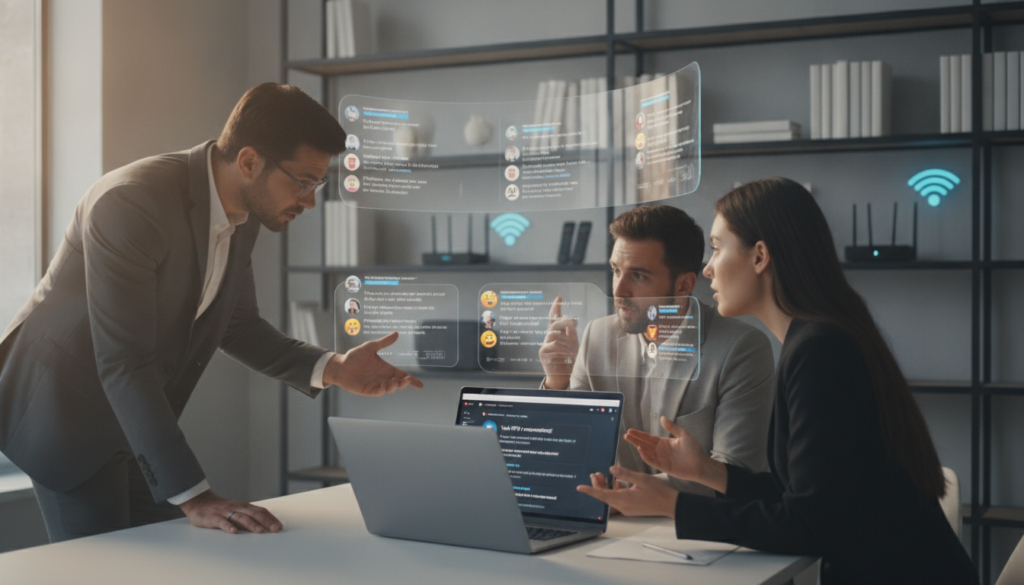 A vibrant digital landscape depicting a group of diverse individuals engaged in a lively discussion about IPTV technology and online streaming. In the foreground, a mixed-gender group of three people, dressed in professional business attire, animatedly sharing ideas while looking at a laptop displaying the Reddit interface. In the middle ground, several blurred screens show social media comments about "Yeah IPTV" in an engaging, collaborative setting. The background features shelves with technology books and streaming devices, creating a modern workspace. The lighting is bright yet warm, giving a welcoming atmosphere. A subtle depth-of-field effect focuses on the group while softening the backdrop, conveying a dynamic yet professional vibe that captures the essence of discussions surrounding IPTV on Reddit. A vibrant digital landscape depicting a group of diverse individuals engaged in a lively discussion about IPTV technology and online streaming. In the foreground, a mixed-gender group of three people, dressed in professional business attire, animatedly sharing ideas while looking at a laptop displaying the Reddit interface. In the middle ground, several blurred screens show social media comments about "Yeah IPTV" in an engaging, collaborative setting. The background features shelves with technology books and streaming devices, creating a modern workspace. The lighting is bright yet warm, giving a welcoming atmosphere. A subtle depth-of-field effect focuses on the group while softening the backdrop, conveying a dynamic yet professional vibe that captures the essence of discussions surrounding IPTV on Reddit.