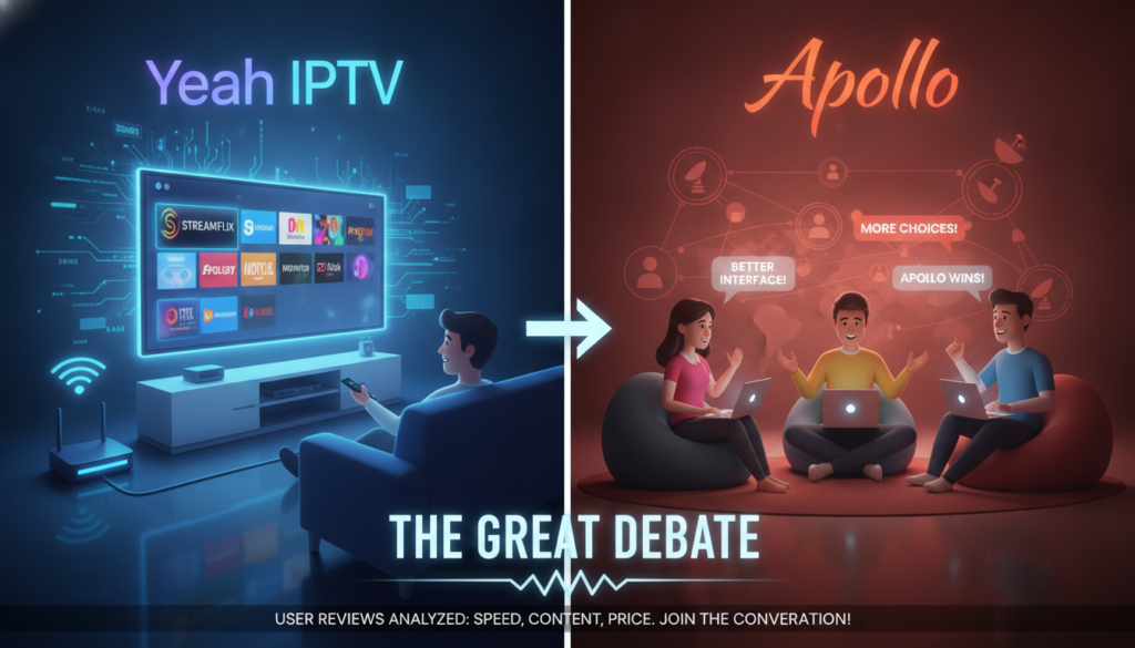 A vibrant split-screen image depicting a lively online debate between two contrasting views on IPTV services. On the left, a digital representation of “Yeah IPTV,” showcasing a modern entertainment setup with a sleek TV, streaming device, and various popular channels displayed on the screen, suggesting enjoyment and satisfaction. On the right, an illustration of “Apollo,” featuring a cozy, stylish living space with users debating enthusiastically on laptops and mobile devices. The background should have a techy, futuristic vibe, with glowing elements and visualizations of streaming data flows. Soft ambient lighting enhances a friendly atmosphere, while subtle highlights draw attention to the animated discussions. Overall, the scene conveys a dynamic and engaging analysis of user opinions. A vibrant split-screen image depicting a lively online debate between two contrasting views on IPTV services. On the left, a digital representation of “Yeah IPTV,” showcasing a modern entertainment setup with a sleek TV, streaming device, and various popular channels displayed on the screen, suggesting enjoyment and satisfaction. On the right, an illustration of “Apollo,” featuring a cozy, stylish living space with users debating enthusiastically on laptops and mobile devices. The background should have a techy, futuristic vibe, with glowing elements and visualizations of streaming data flows. Soft ambient lighting enhances a friendly atmosphere, while subtle highlights draw attention to the animated discussions. Overall, the scene conveys a dynamic and engaging analysis of user opinions.