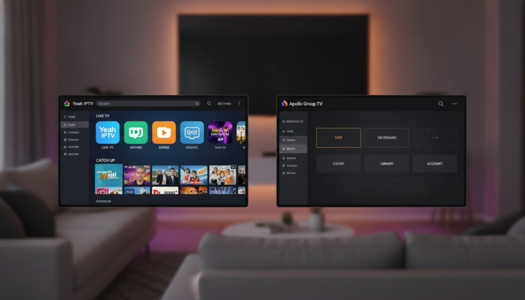 Two sleek, modern IPTV interfaces side by side, showcasing the contrasting designs of Yeah IPTV and Apollo Group TV. In the foreground, a stylized digital screen displays the Yeah IPTV interface in vibrant colors, highlighting its user-friendly navigation. Next to it, the Apollo interface appears in a more minimalist design, marked by sleek lines and a dark color palette. Behind these screens, a softly blurred background suggests a cozy living room setting with a comfortable couch and a large flat-screen TV, adorned with subtle ambient lighting that creates a warm atmosphere. The overall mood is competitive yet inviting, reflecting a professional comparison of these two IPTV services. The image is captured from a slightly elevated angle, emphasizing both interfaces while inviting viewers to consider their features. Two sleek, modern IPTV interfaces side by side, showcasing the contrasting designs of Yeah IPTV and Apollo Group TV. In the foreground, a stylized digital screen displays the Yeah IPTV interface in vibrant colors, highlighting its user-friendly navigation. Next to it, the Apollo interface appears in a more minimalist design, marked by sleek lines and a dark color palette. Behind these screens, a softly blurred background suggests a cozy living room setting with a comfortable couch and a large flat-screen TV, adorned with subtle ambient lighting that creates a warm atmosphere. The overall mood is competitive yet inviting, reflecting a professional comparison of these two IPTV services. The image is captured from a slightly elevated angle, emphasizing both interfaces while inviting viewers to consider their features.